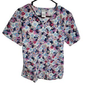 Simply Basics SB Scrub Top Womens Size Small Floral Nursing Medical Work Uniform